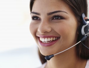 close-up of a businesswoman wearing a headset